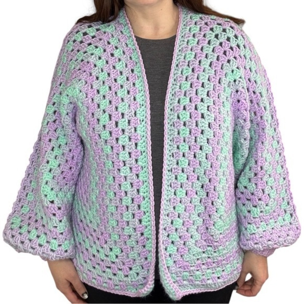 Handcrafted Crochet Cardigan Sweater Granny Stitch Wide Sleeve Lavender and Mint